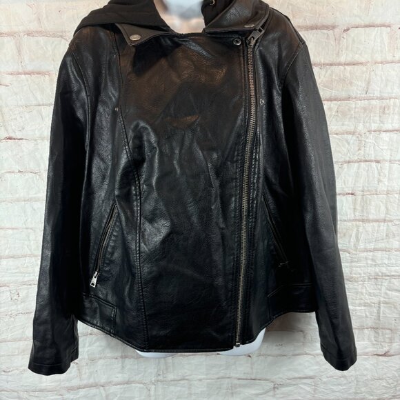 Levi's Women's Plus 2XL Black Faux Leather Hooded Motorcycle Jacket Biker Moto - Picture 6 of 8